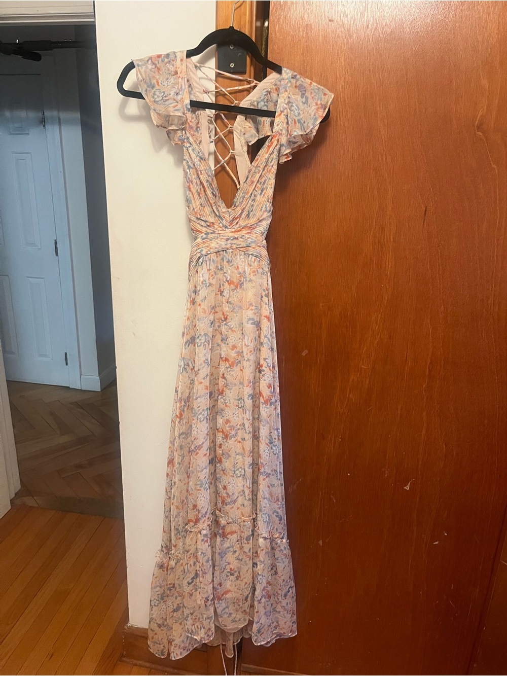 ASTR Floral Lace-Up Back Maxi Dress in Pink and Cream